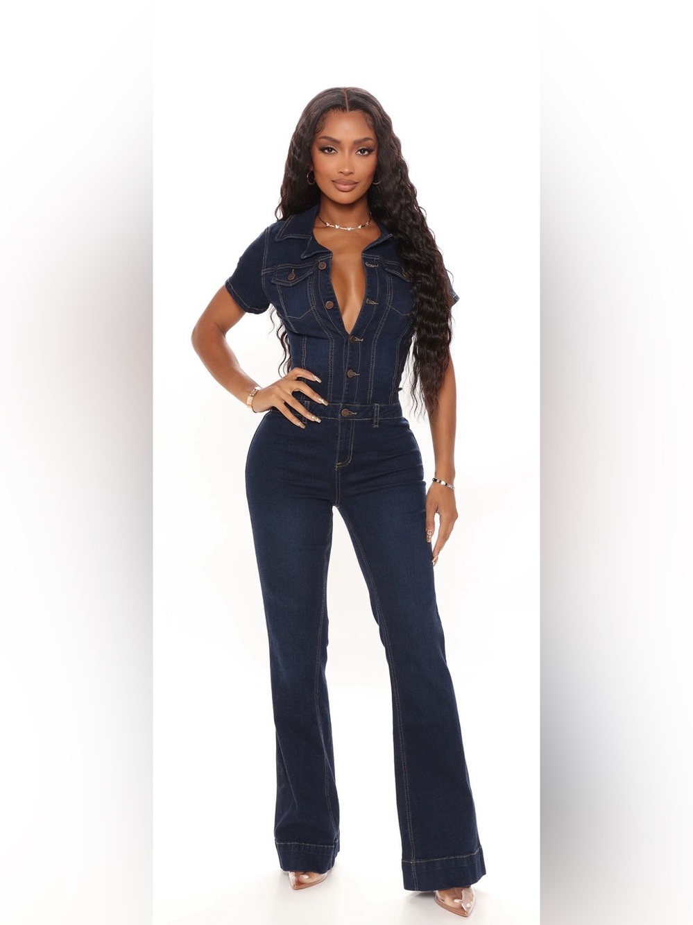 Fashion Nova Dark Blue Short-Sleeve Denim Jumpsuit